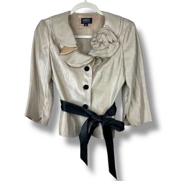 Adrianna Papell Evening Essentials Victorian Ruffled Metallic Gold Belted Jacket - Picture 1 of 8